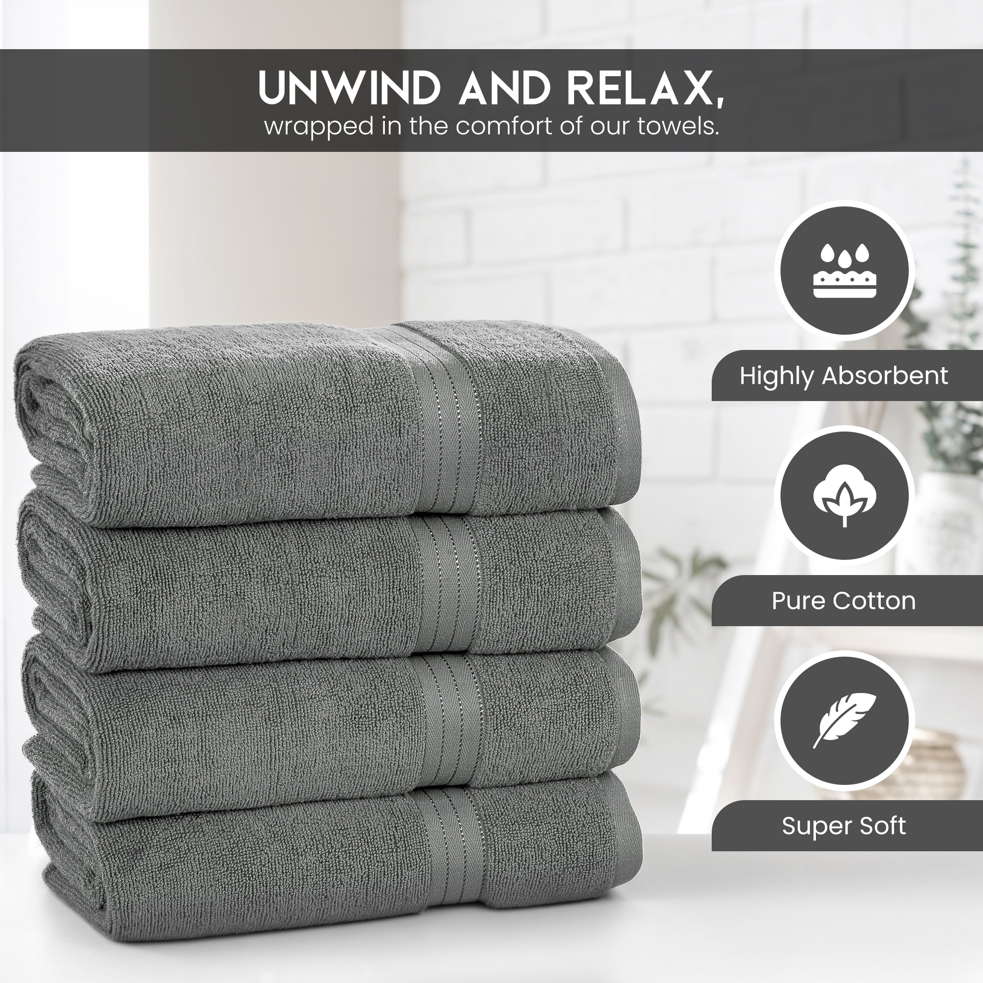 Bliss Casa Bath Towel Set 27 x 54 Inch (4 Pack) - 600 GSM 100% Combed Cotton Quick Drying Highly Absorbent Thick Bathroom Towels - Soft Hotel Quality for Bath and Spa