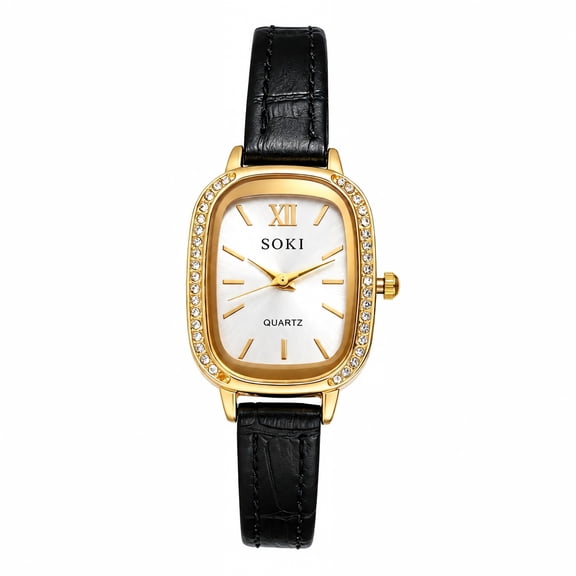 Avaner Women's Rectangle Watch, Analog Quartz, Rhinestone Bezel, Roman Numerals Sunray Dial, Croc Pattern PU Leather, Black
