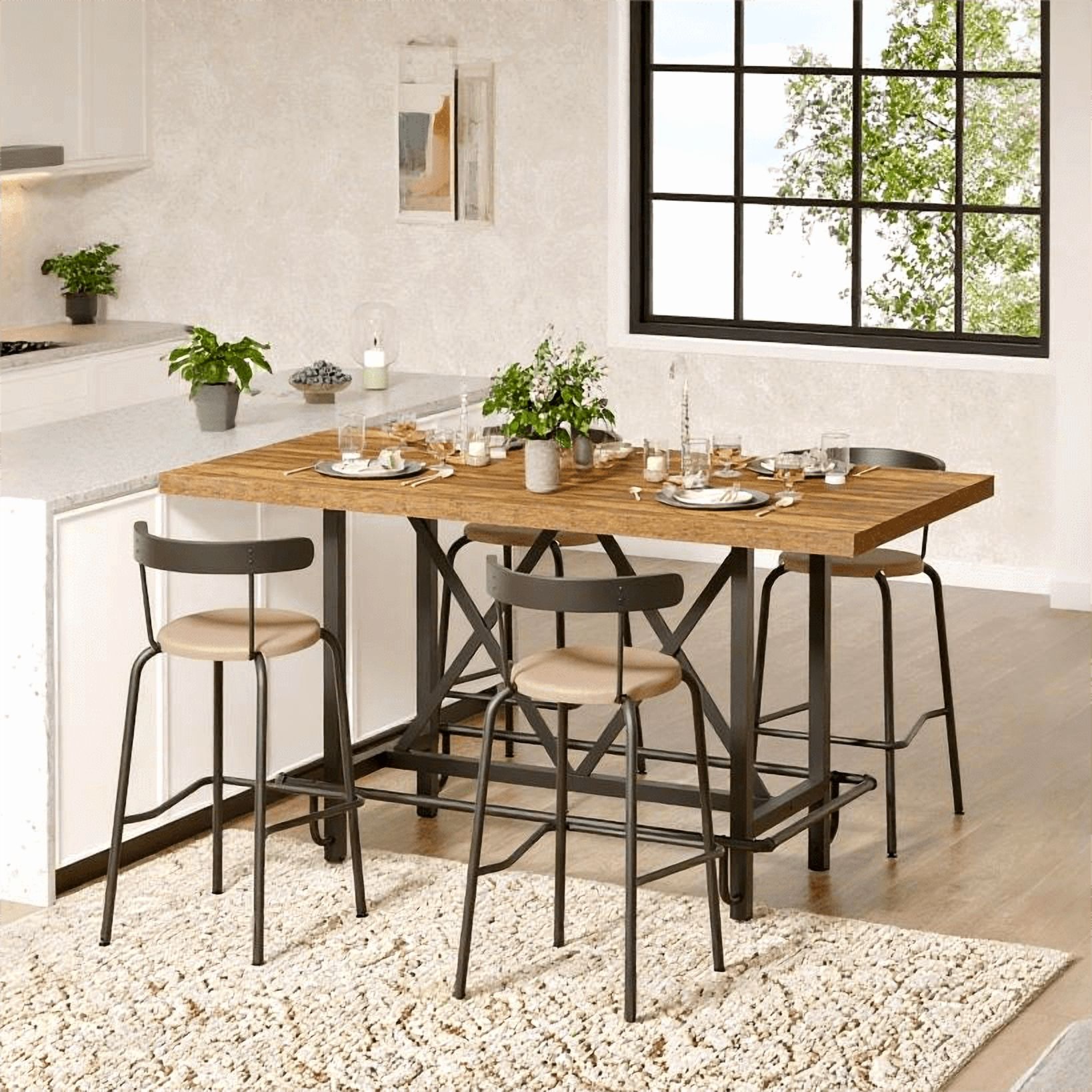 Fnova 35.4" Tall Dining Table, Rectangular Counter Height Kitchen Table with Metal Footrest for 6 People