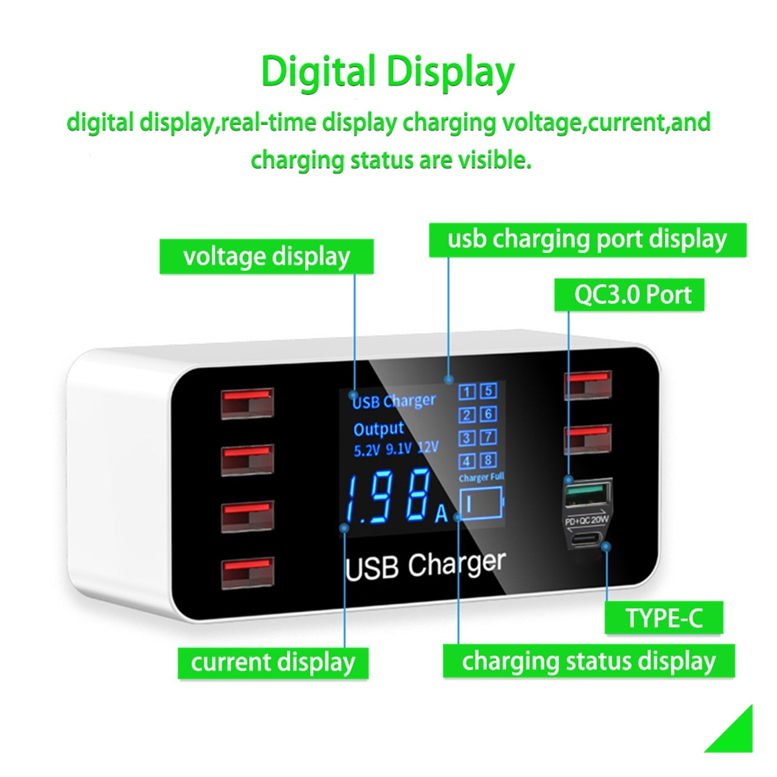 Charging Station For Multiple Devices,Quick Charge 3.0 Fast Charger Adapter 8 USB Charger Station Type C Phone Charger For Multiple Devices ,No More Cable Clutter