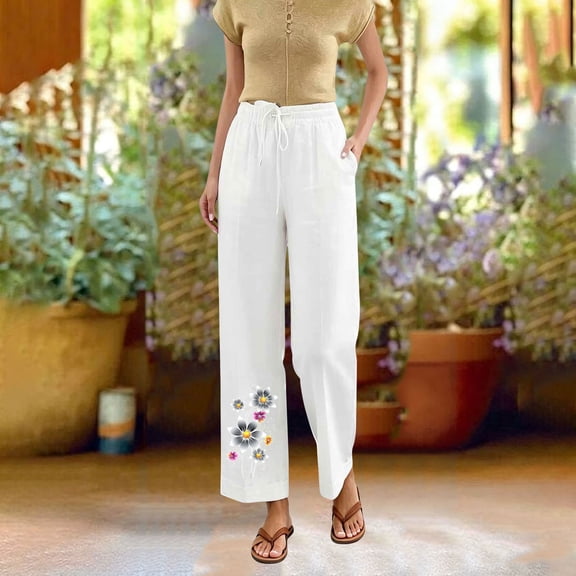 Yteetum Women's Cotton Linen Pants Summer Drawstring Elastic Waist Pant Women Casual Printed Loose Lightweight Breathable Travel Vacation Beach Trousers