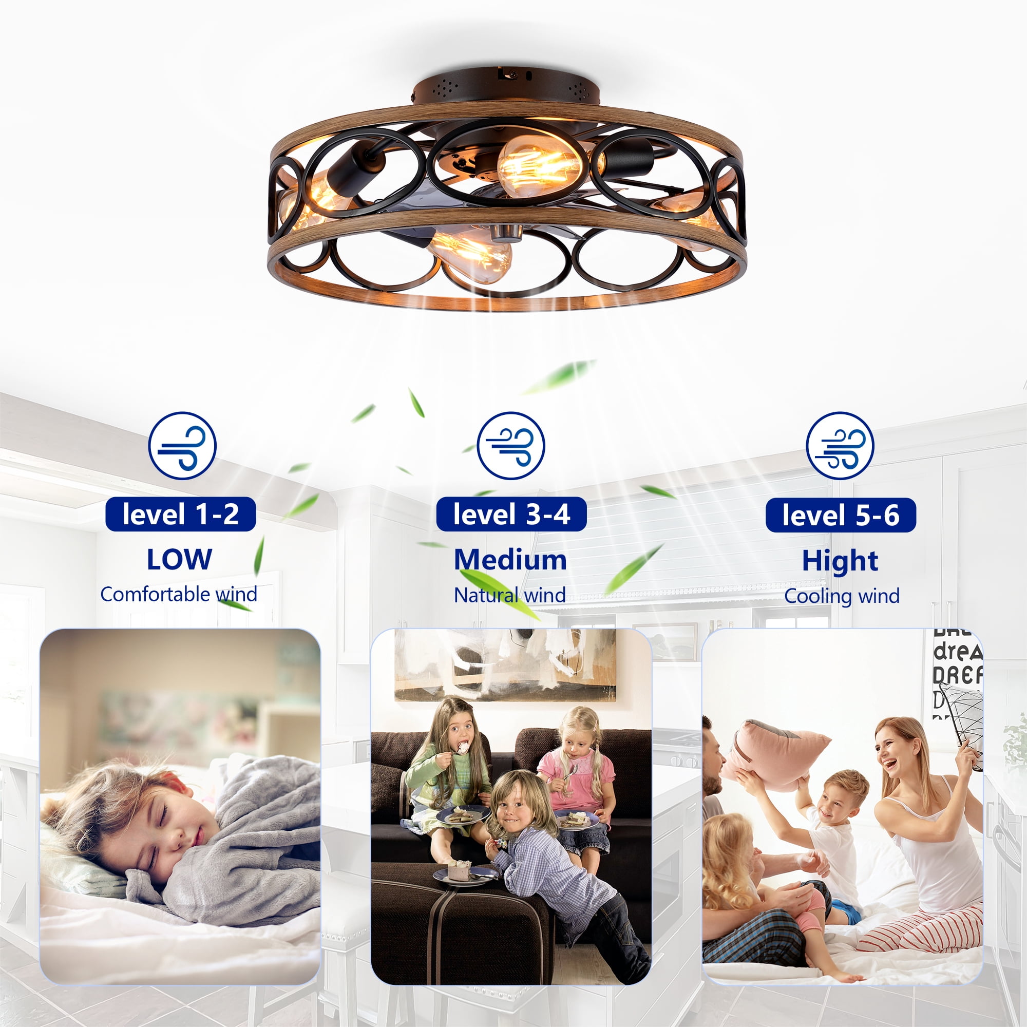 Leumius 20" 7 Blades Caged Ceiling Fan with Light and Remote, Flush Mount Caged Ceiling Fan 6 Speed Reversible with Remote Control for Living Room Bedroom Dining Room (NOT Included Bulbs)