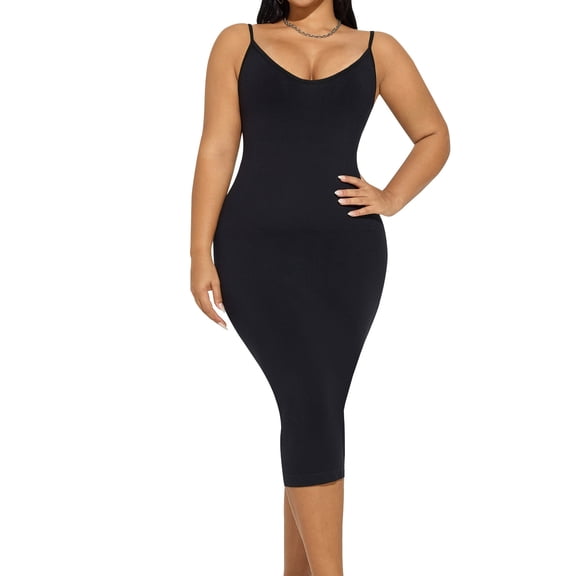 Takusun Plus Size Women Shapewear Dress Full Slip Tummy Control Body Shaper V Neck Adjustable Spaghetti Strap