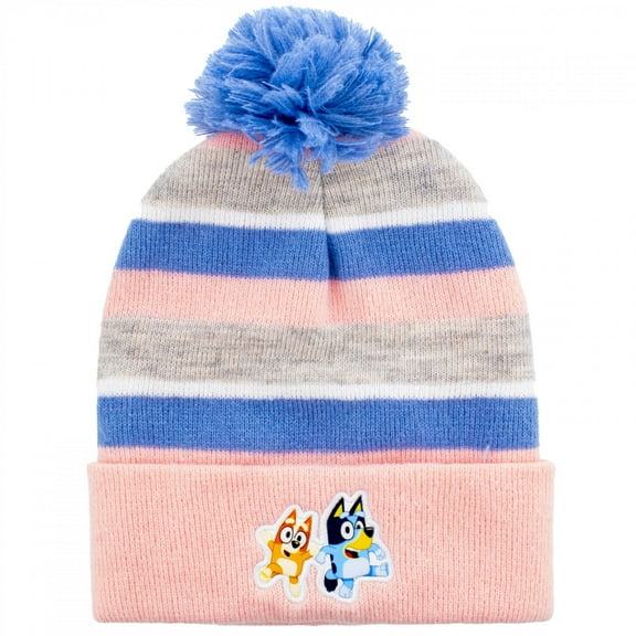 Bluey Pink Striped Youth Pom Cuffed Beanie