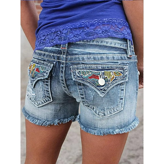 ROAD MARKINGS Women's Distressed Denim Shorts, Light Blue Wash, Embroidered Back Pockets, Frayed Hem (US, Alpha, Small, Regular, Regular, Light Blue)
