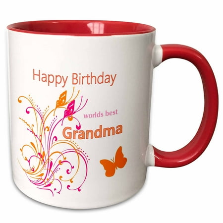 - 3dRose Image of Happy Birthday Worlds Best Grandma With Flourish - Two Tone Red Mug, 11-ounce