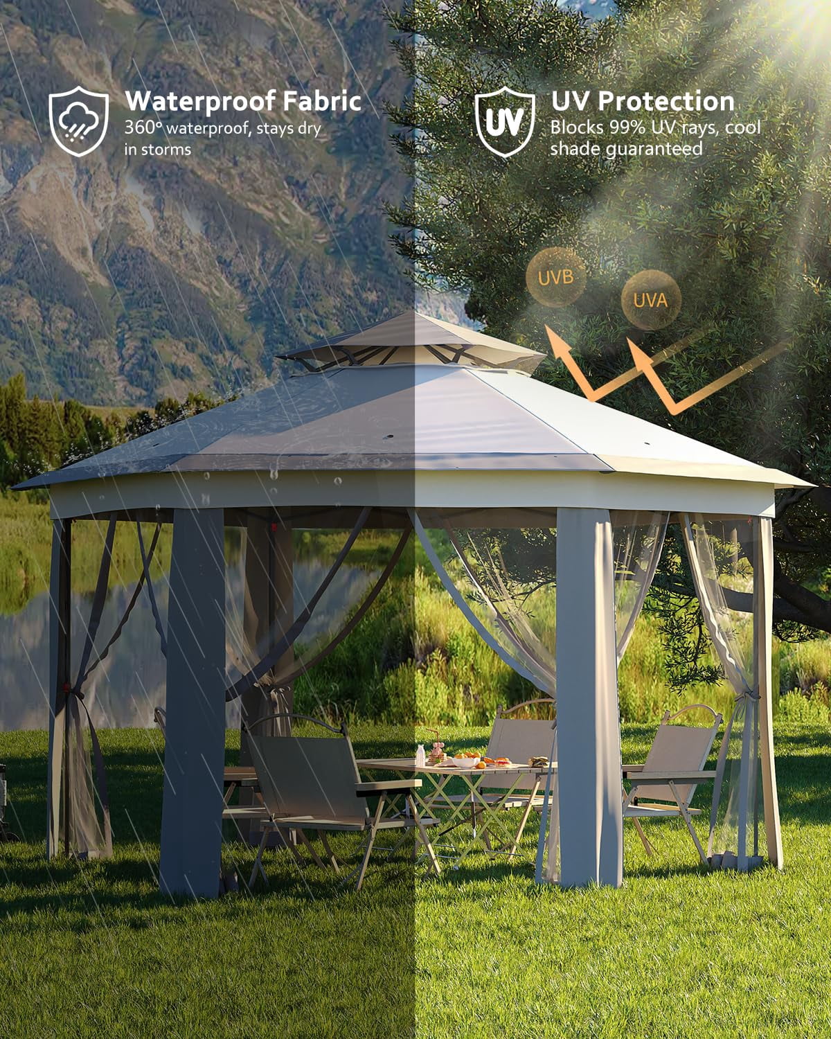 Luku 13'x13' Pop-Up Gazebo, Outdoor Hexagonal Patio Gazebo with Mosquito Netting, Instant Setup Canopy Tent with Strong Steel Frame and Sandbags, for Backyard, Gardens, Patio