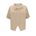 thumbnail image 6 of Pxxlle Button Down Shirts for Women Business Casual Short Sleeve Shirt Solid Color Curved Hem Blouses Dressy Lapel Tops Khaki XXL, 6 of 9