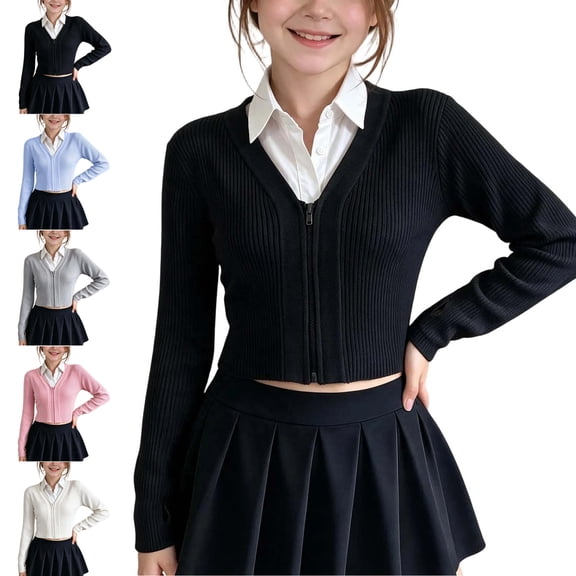 TGSLY Ribbed Knit Cropped Cardigan for Girls Soft V Neck Zip Up Long Sleeve Sweater Causal Solid Color Fall Winter Outerwear with Thumbholes 14-15 Years
