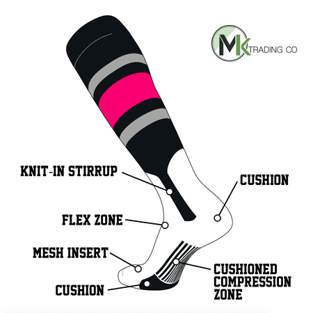 TCK Elite Baseball Knee High Stirrup Socks (E, 7in) Black, Grey, Hot Pink