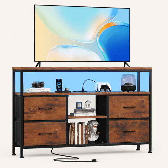 Tunmod 43 Inch TV Stand for 50/55 Inch TV, Entertainment Center with LED Lights & Power Outlets, Media Console Table with 4 Fabric Drawers & Open Shelves for Living Room Bedroom