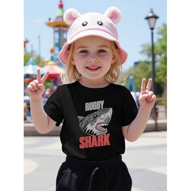 Kids' Rugby Shark Graphic T-Shirt - Cute Pink Cartoon Print, Short Sleeve Crew Neck, Stretchy Cotton Top for Girls, Casual Summer Wear, Rugby T Shir