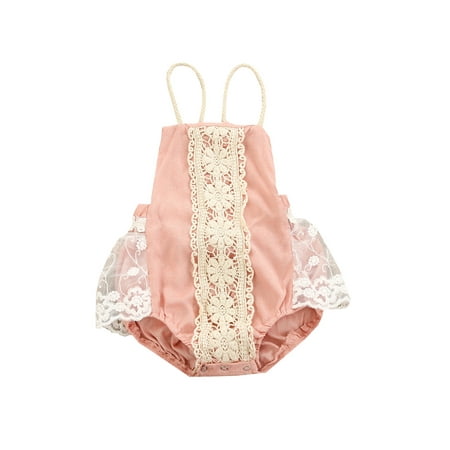 

Girls Lace-joint Short Romper Floral Crochet Backless Jumpsuit