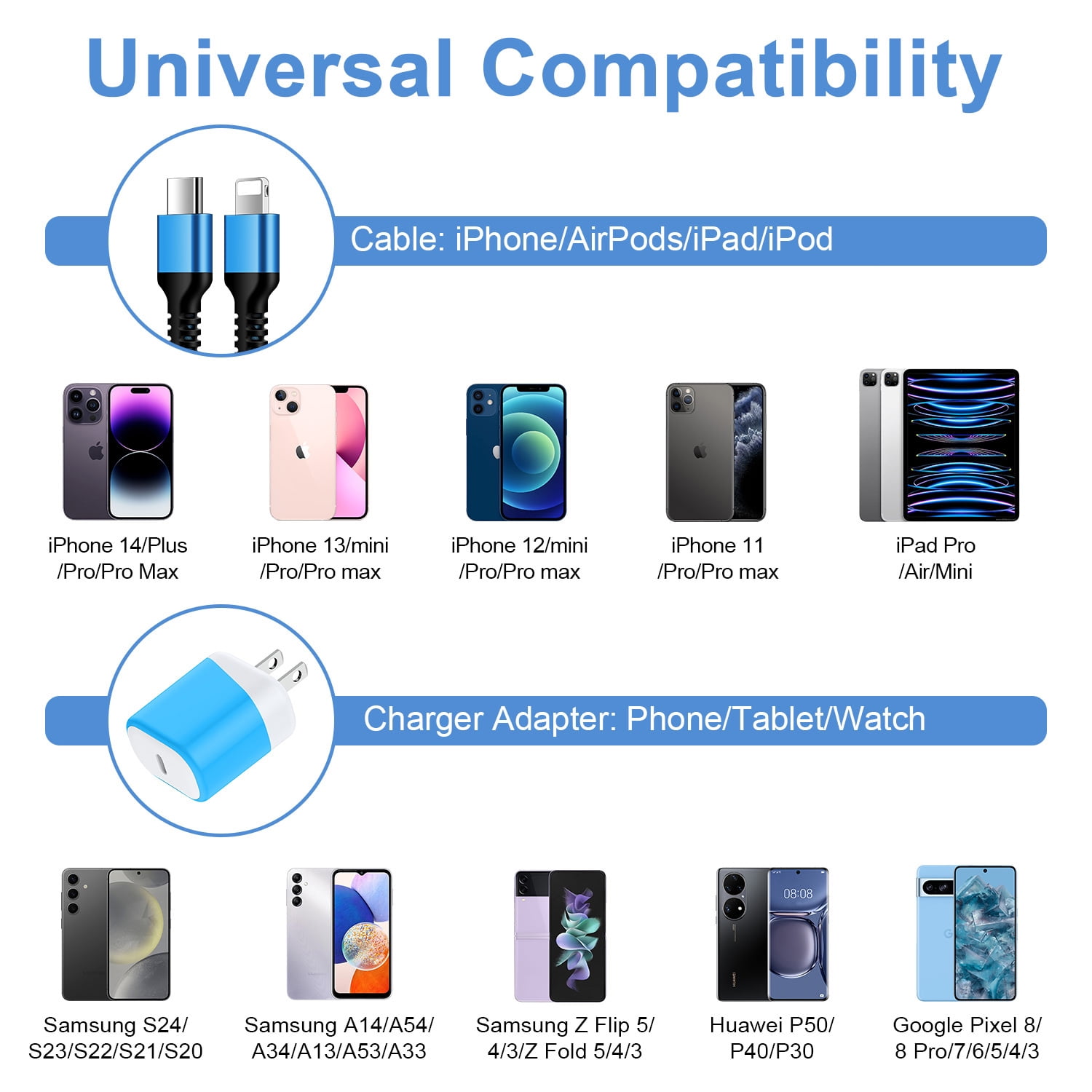 Compatible for iPhone Charger Fast Charging, 3 Pack 20W PD USB C Charger Block+USB C to Charging Cord 6FT, Type C Wall Charger Adapter USB C Brick Phone Charging Cord Compatible for iPhone, Blue