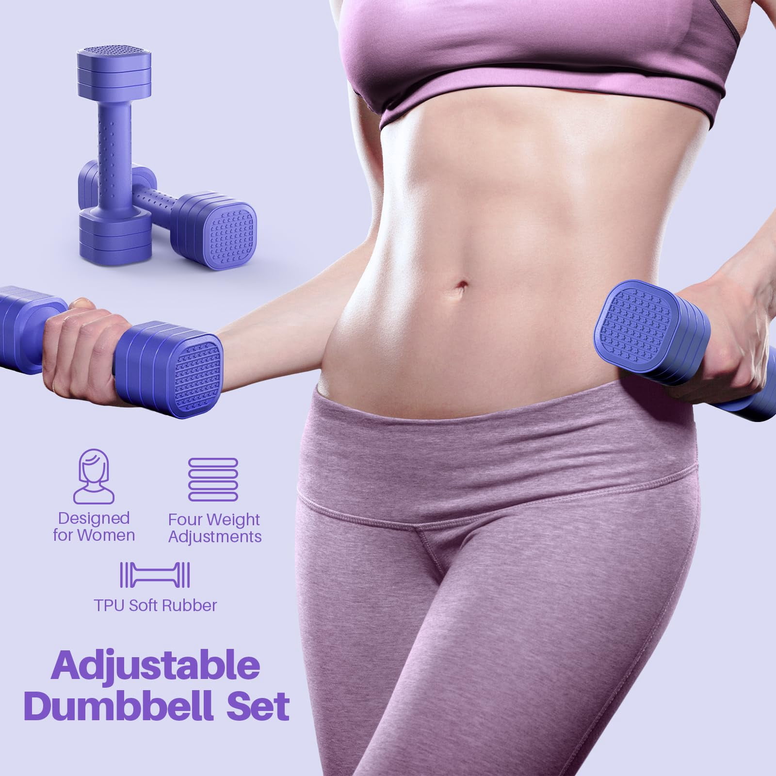 Adjustable Dumbbell Set  4 In 1 Free Weight For Women Hand At Home Each 2lb 3lb 4lb 5lb With Tpu Soft Rubber Handle Gym Aquatic Fitness Equipment Purple