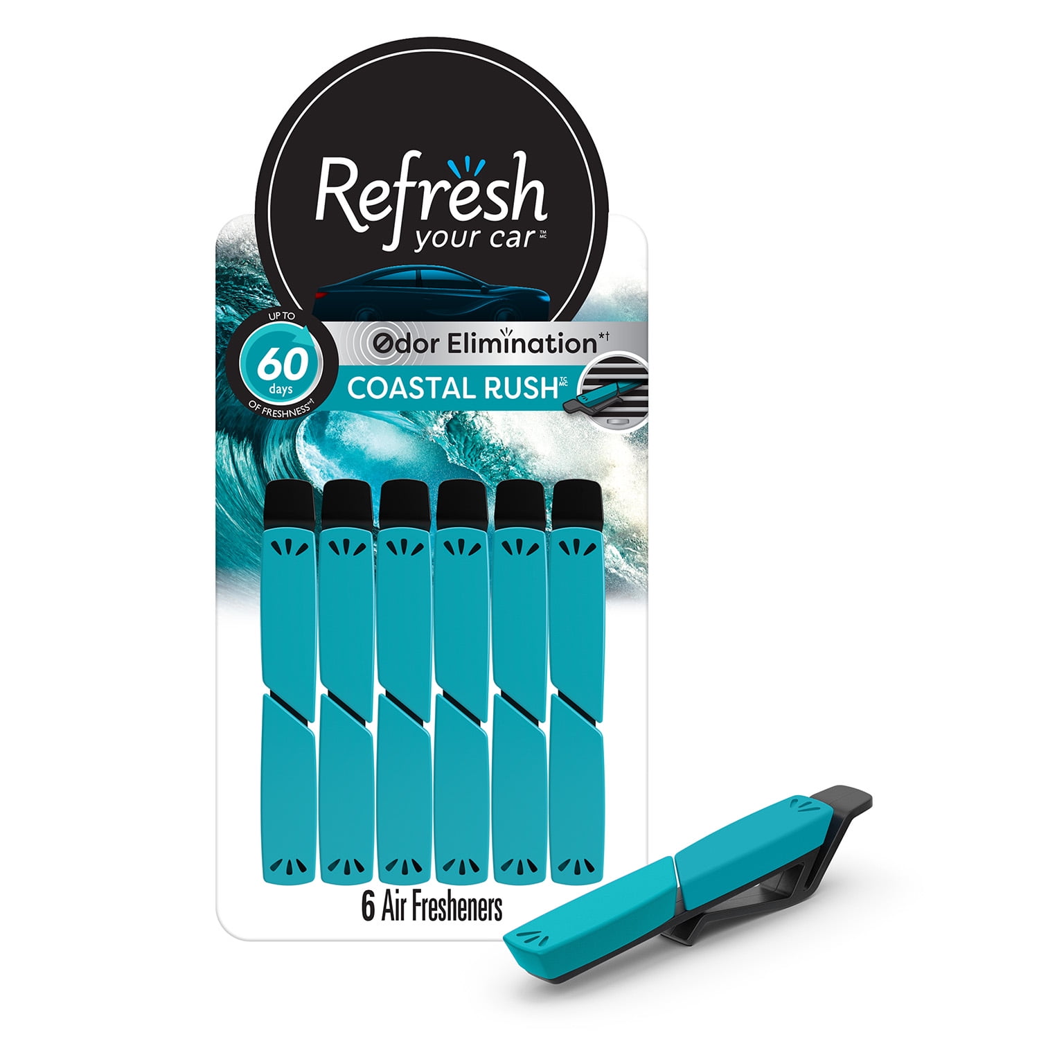 Refresh Your Car Air Freshener Vent Sticks, Coastal Rush Scent, 6 Pack, ENERGIZER RYC VS COASTALRUSH