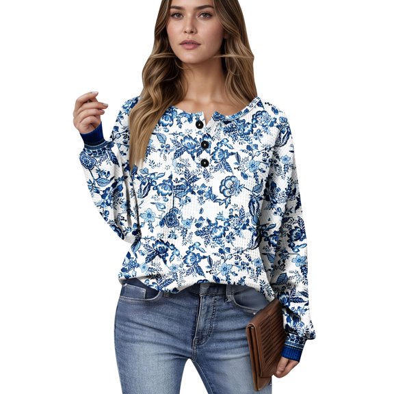 Women's Autumn Winter Dense Floral Print Top Waffle Henry Shirt for Luxurious and Comfortable Fall Fashion with Floral Designs,Blue,L