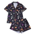 thumbnail image 3 of Pajama Pants Women Halloween Classic Pajama Set Pumpkin Ghost Bat Print Short Sleeve Button Down Collared Shirt and Relaxed Fit Shorts Women's Sleepwear Black L, 3 of 7