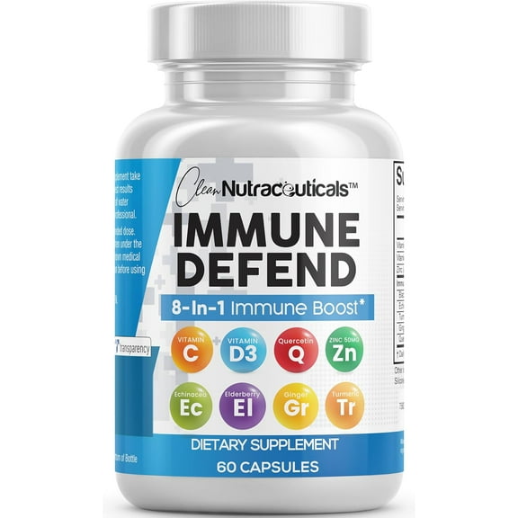 Clean Nutraceuticals Immune Defense Support Supplement 8 in 1 with Zinc Quercetin, VIT C, Vitamin D3 5000 IU, Elderberry, Ginger - Immunity System Booster for Adults, Vegan - 60 Count