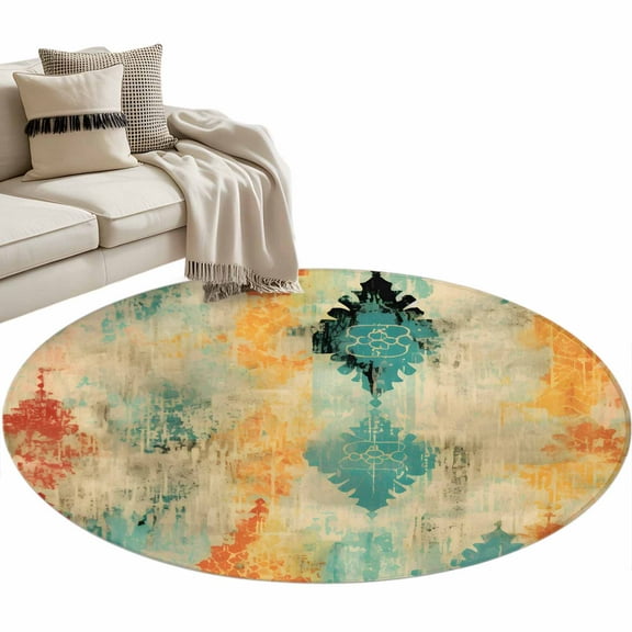 Orange Teal Red Round Area Rug 4 FT, Non Slip Indoor Outdoor Rug, Boho Ethnic Abstract Splashing Art Washable Soft Circular Carpet Non-Shedding Floor Mat for Coffee Table Nursery Foyer Balcony