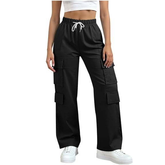 PFRNLF Womens Cargo Pants Wide Leg Drawstring Elastic Waisted Casual Trousers with Pockets