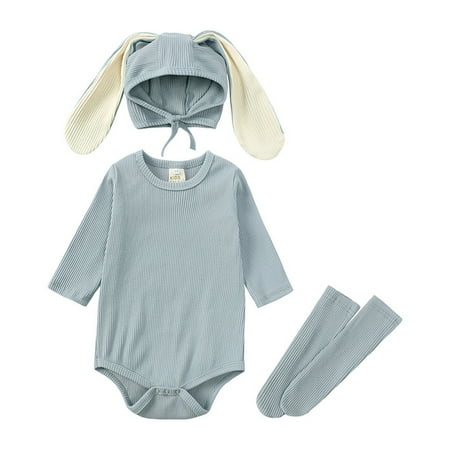 

LBECLEY Baby Boy 4 Piece Baby Boys Girls Bunny Outfits Ribbed Bodysuit Romper with Long Bunny Ear Hat Socks Clothes Set Boy Casual Outfit 4T Blue 66