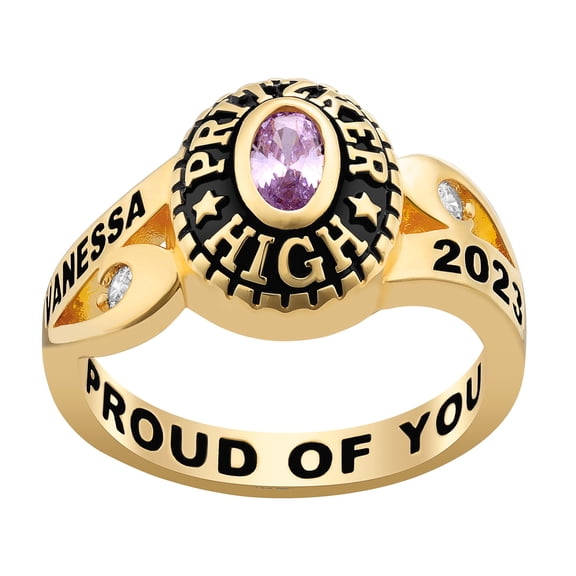 Bhavani Gems CLASS RING Women's Gold Over Silver Cubic CZ Scroll Bypass Birthstone Class Ring, Personalized, High School or College Graduation