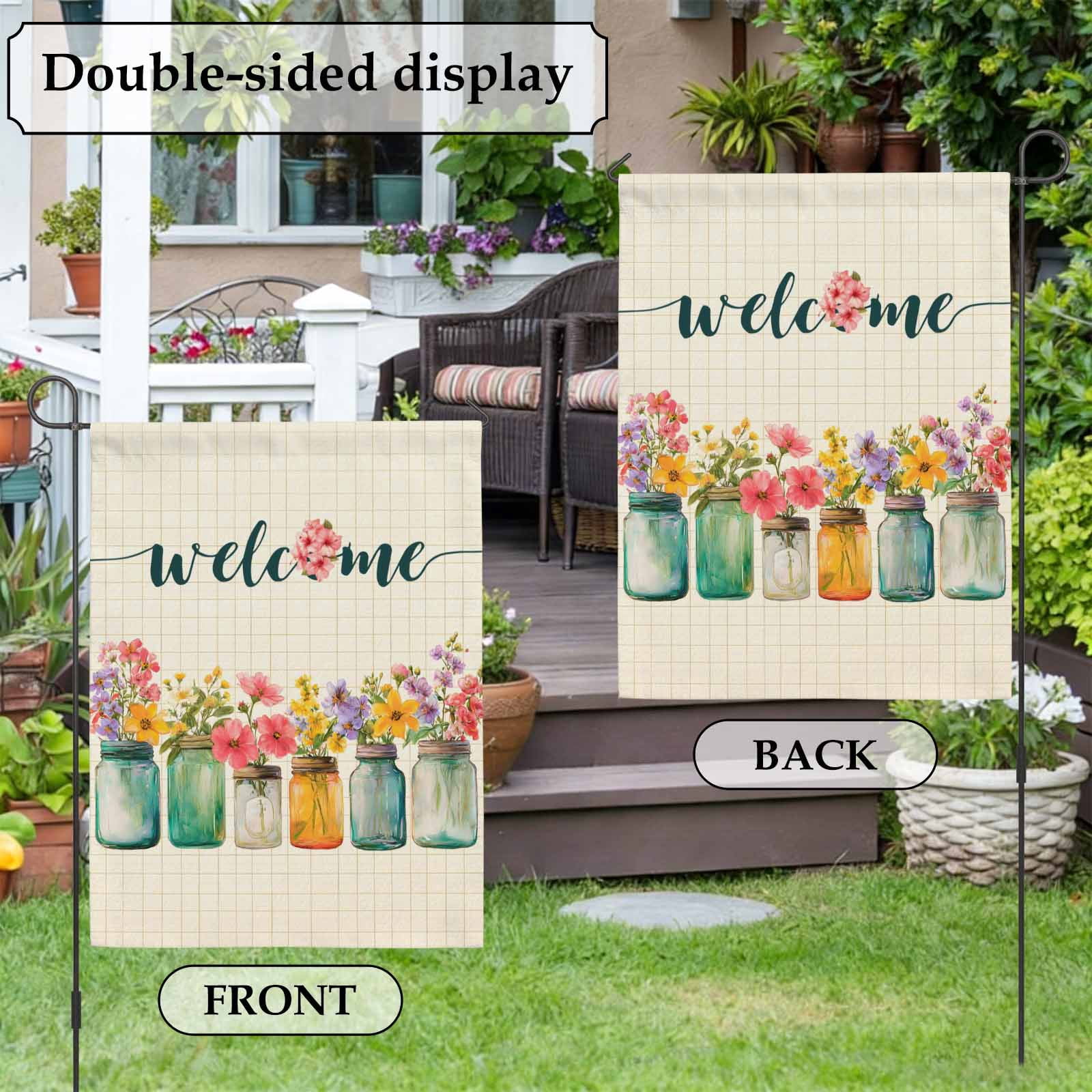 Welcome House Flag 28 x 40 Inches, Wildflowers Vintage Mason Jars Farmhouse Weather Proof Outdoor Patio Flags Double Sided Small House Decoration for Yard Lawn Outside Home