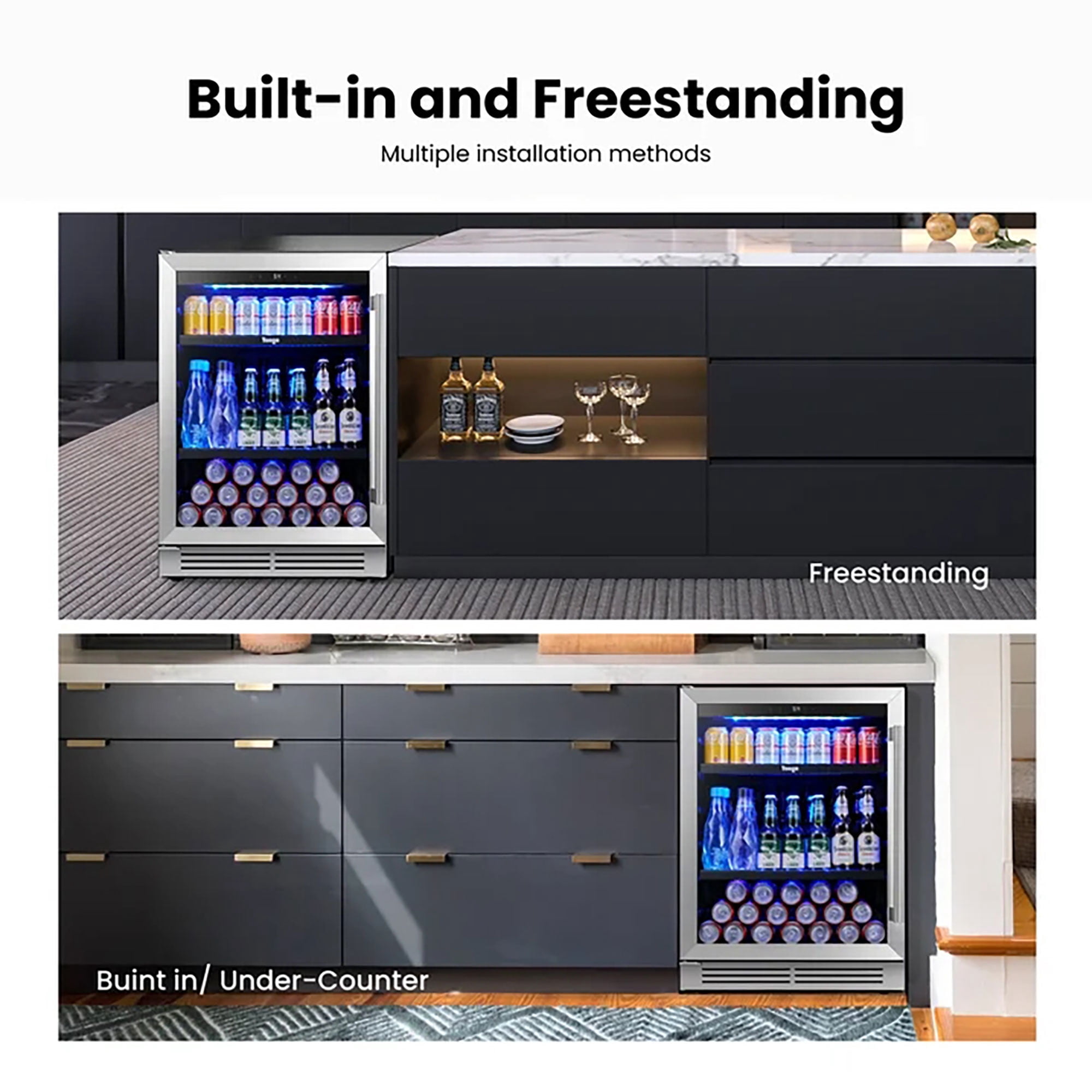 Yeego 24 Inch 180 Cans Beverage Refrigerator Cooler, Double Layer Glass Door, Built-in/Freestanding for Beer Soda Water, Left Hinge