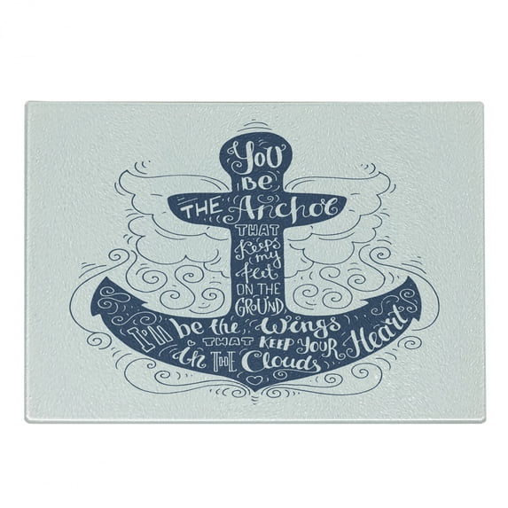 Anchor Cutting Board, Doodle Style Maritime Motif with Swirls and Curls Words Design, Decorative Tempered Glass Cutting and Serving Board, Small Size, Blue and White, by Ambesonne