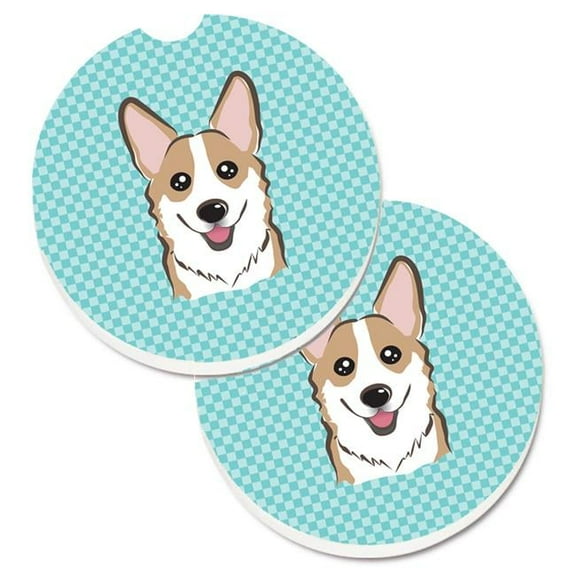 Checkerboard Blue Corgi Set of 2 Cup Holder Car Coaster