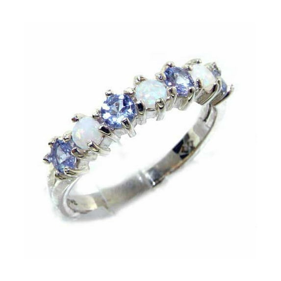 LBG British Made 10k White Gold Natural Opal & Tanzanite Womens Eternity Ring - Size 8 - 33 size options