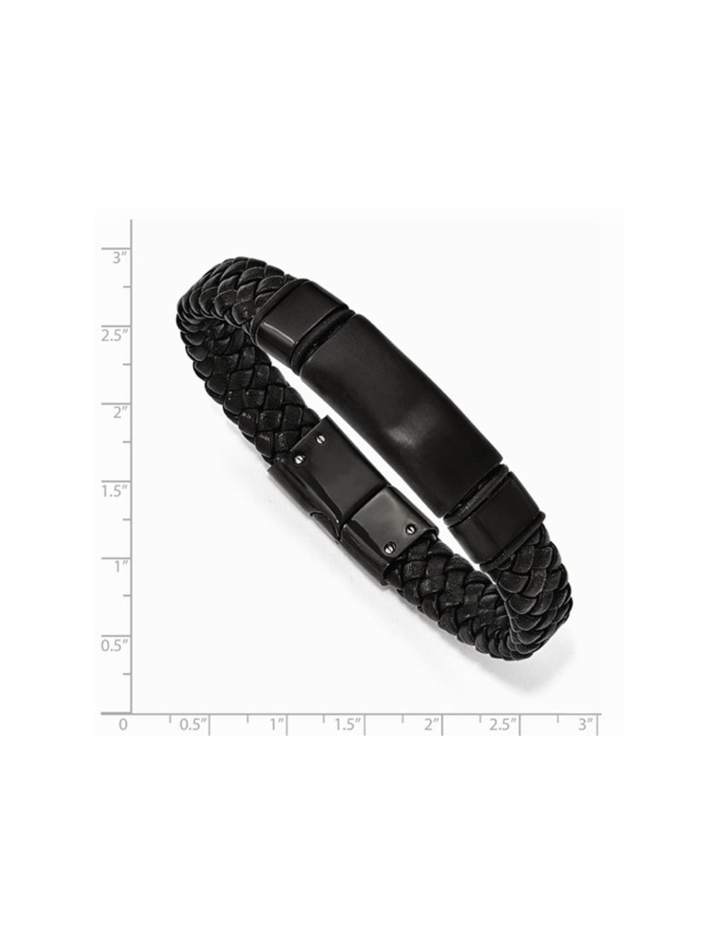 Mens Bracelet in Black Stainless Steel with Braided Leather (8.5 inch) for Men