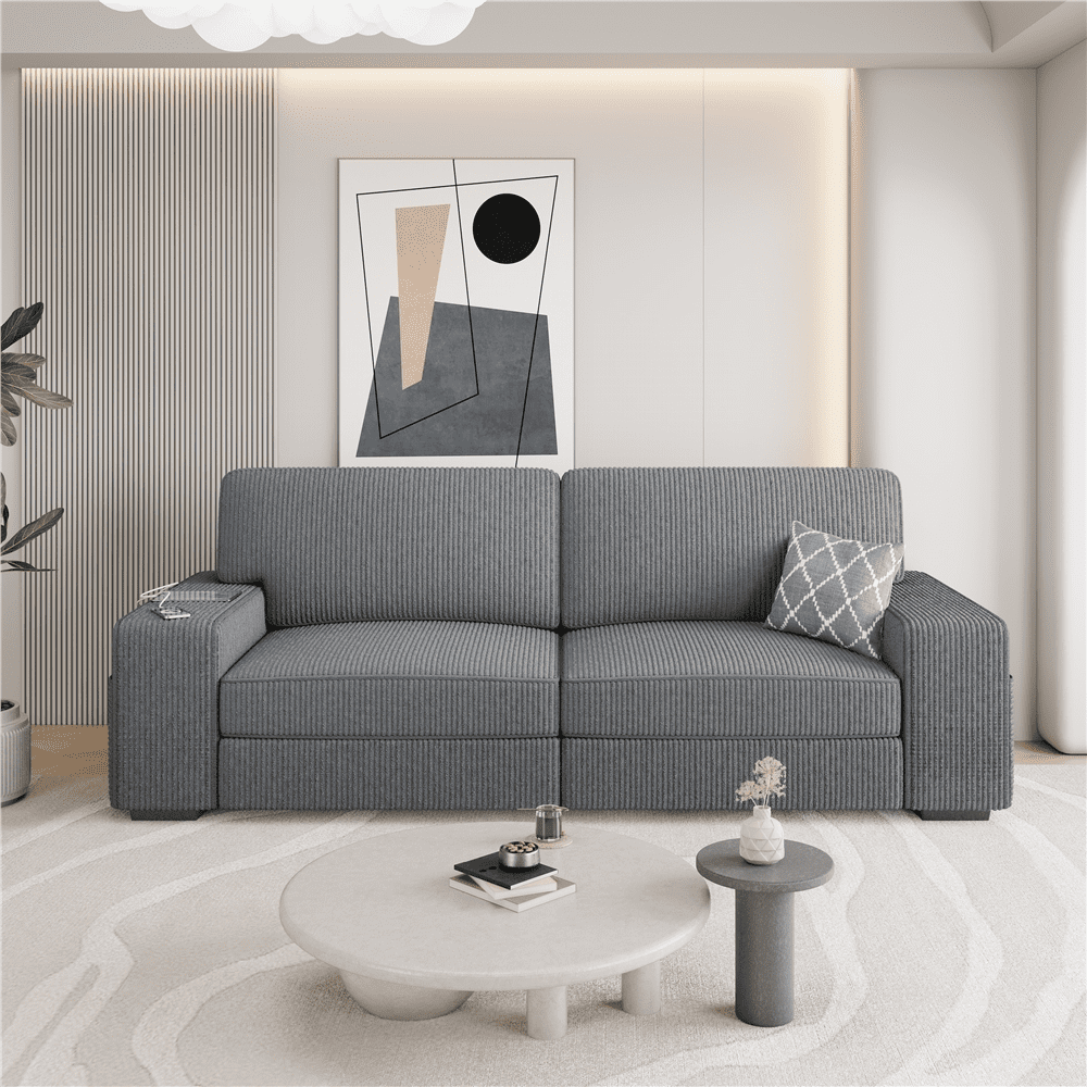 Renwick 83.5'' W 2-Seater Modern Corduroy Fabric Sofa Couch with USB Charging Ports for All Ages, Dark Gray