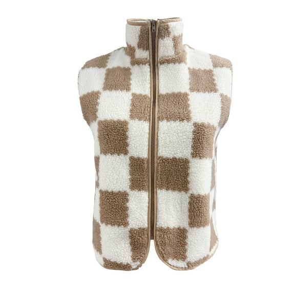 UPPADA Womens Winter Sleeveless Fleece Top Plaid Fuzzy Jackets Casual Checkered Sherpa Collared Jacket Warm Vest Khaki,L Fleece Jackets for Women Plaid Winter