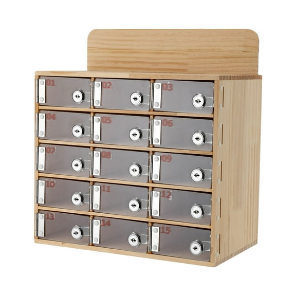 15-Slots Wall-Mounted Cell Phone Locker Box - Wall Clear Cell Phones Storage Cabinet Wooden Cell Phones Cabinet Top Signboard with Door Locks and Keys for School