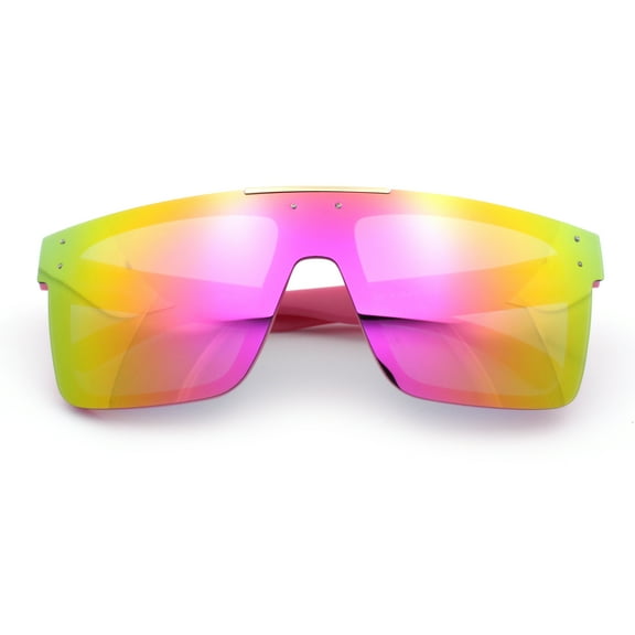 Polarized Rimless Skeleton Arm Shield Horn Rim Flat Top Plastic Sunglasses Pink - Pink Mirror