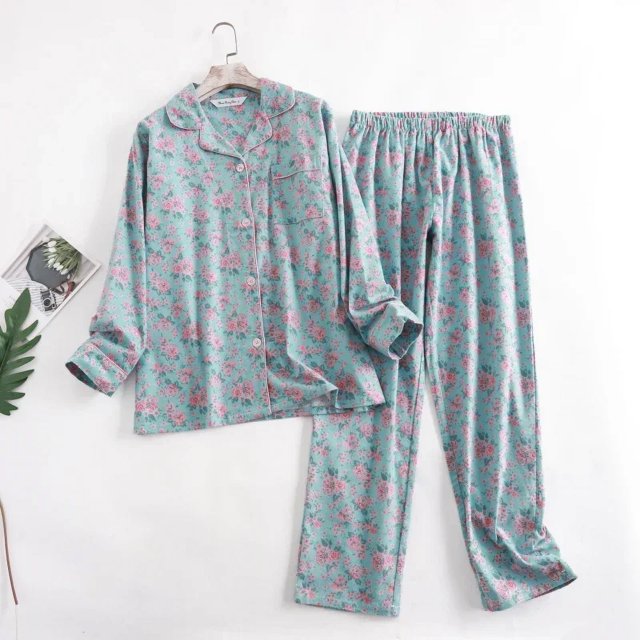 Ensemble de Pyjama en Flanelle de Coton pour la Maison, Simple, Imprimé, Ample, Automne et Hiver, Manches Longues, Pantalon, Ensembles de Pyjama pour Femmes tzw