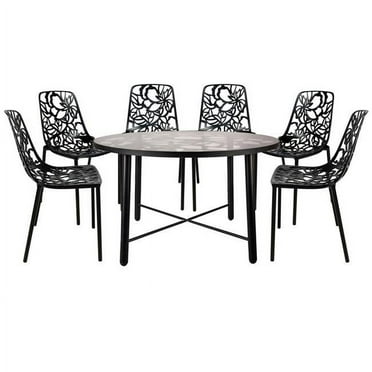 28.35 x 47.25 x 47.25 in. Devon Mid-Century Modern 7 Piece Aluminum Outdoor Patio Dining Set with Tempered Glass Top Table & 6 Stackable Flower Design Chair, Black