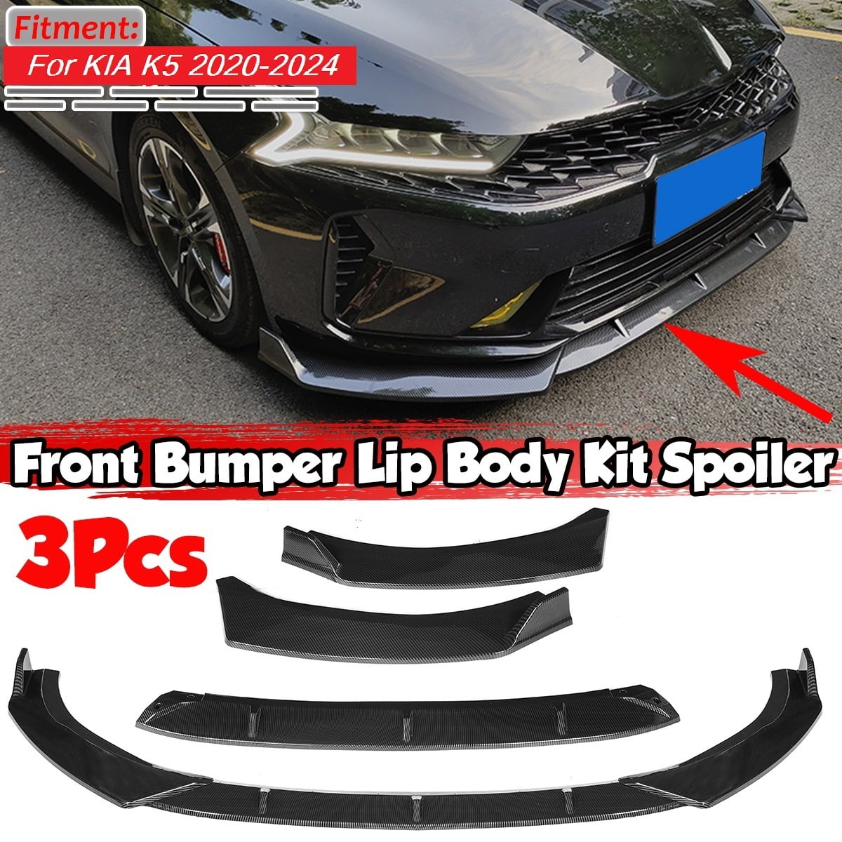 3PCS Set Front Bumper Lip For For KIA K5 GT, GT-Line, EX, LX All Models 2020-2024 Bumper Front Spoiler Air Dam Chin Front Splitter Lip Lower Protector Carbon Fiber Style