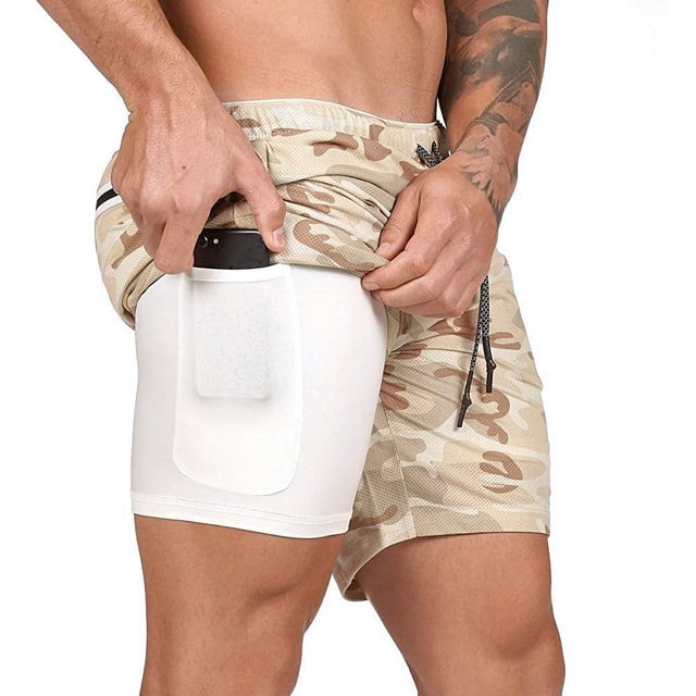 Pantalones cortos 2 en 1 para entrenamiento de hombre, pantalones cortos deportivos ligeros para gimnasio, Yoga, secado rápido, con bolsillos con cremallera Ormromra HMHZ818-10