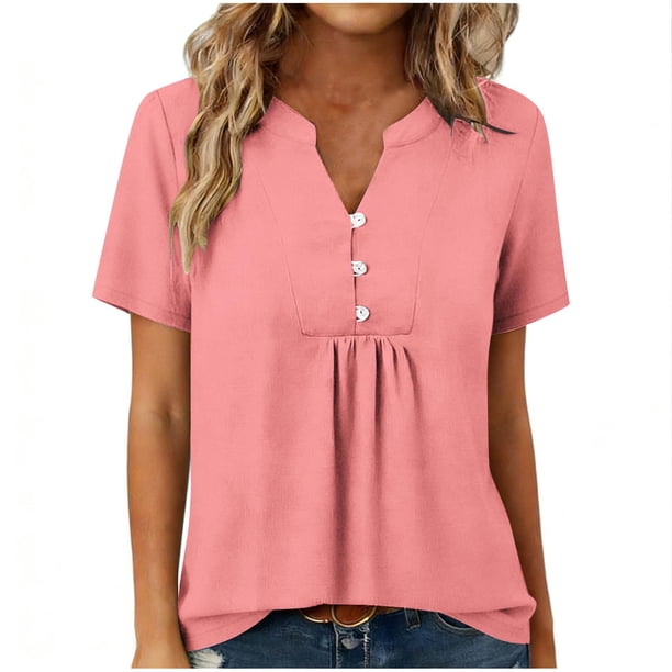 Tops de Manga Corta para las Mujeres Loose Fit V Cuello Botón Blusa Casual Ligero Verano