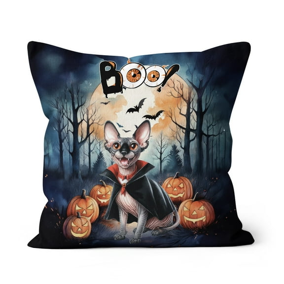 Happy Halloween Vampire Sphynx BOO with Pumpkins Fun and Spooky Pillow Cushion Double Sided Cat Lover Kitten Owner Gifts Idea Throw Pillow - 00018
