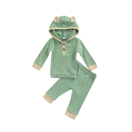 

Canrulo Newborn Baby Girl Boy Ribbed Outfits Long Sleeve Hooded Pullover and Long Pants Autumn Winter Clothes Green 3-6 Months