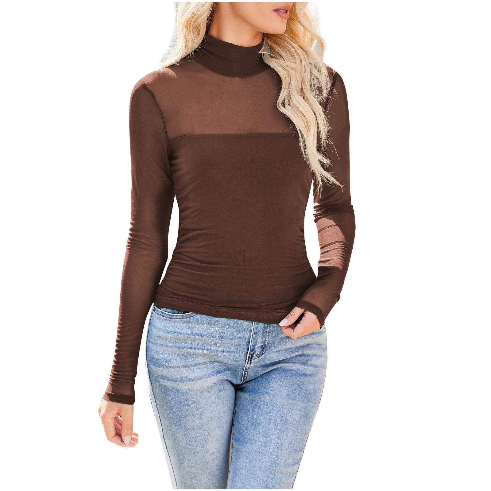 tklpehg Sheer Long Sleeve Tops for Women Casual Hight Neck