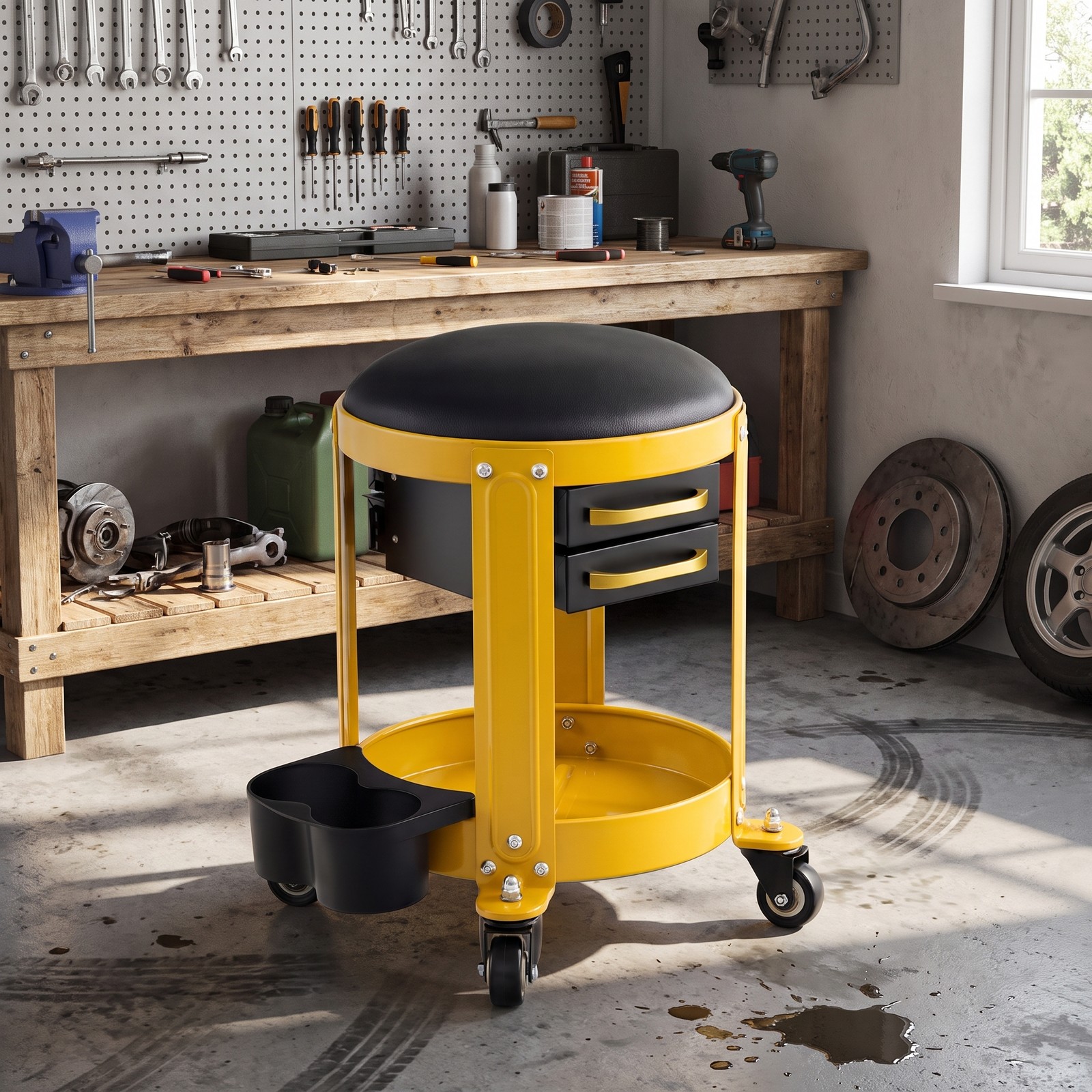 Biotree Rolling Mechanic Stool with Removable Padded Seat, 2 Drawers and Tool Tray, Height Adjustable Shop Garage Creeper Seat on Wheels, 330 lbs Capacity, Yellow