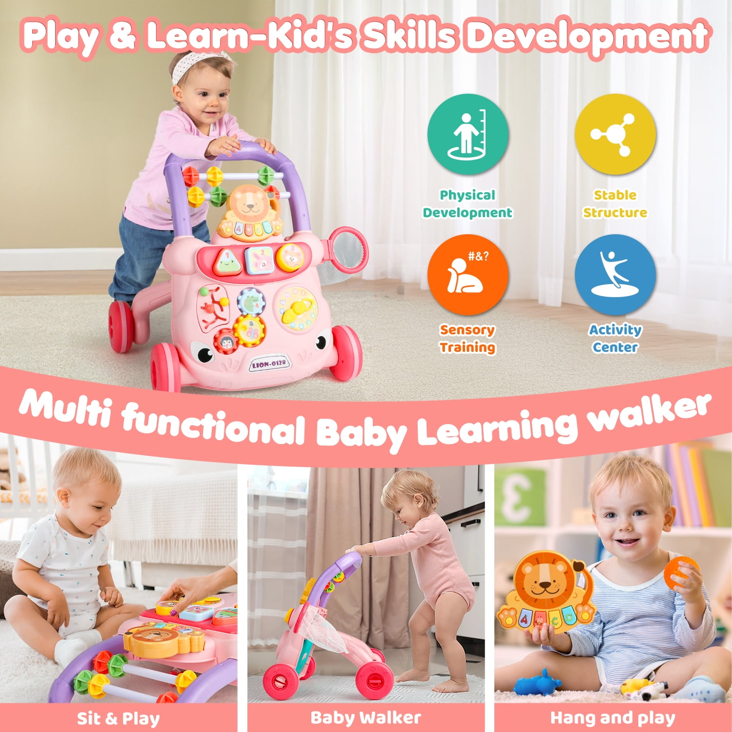 Flooyes Baby Push Walker Toys, Sit to Stand Toddler Learning Push Toys for 6-18 Months, Baby Walking Toys 6-12 Months,Early Learning Push Toys for Toddlers ,Pink