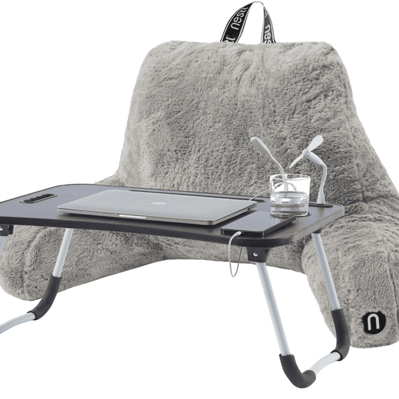 Nestl Fur Reading Pillow with Lap Desk, Stylish Arm Rest Pillow, Lap Desk with Backrest Pillow for Sitting in Bed, Faux Fur, Grey