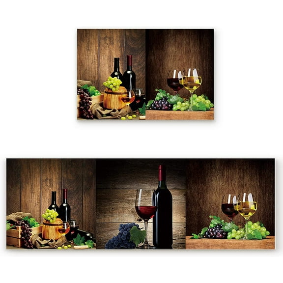 2 Piece Kitchen Rug Set, Bottles Glasses Wine Grapes Non-Slip Floor Mats Absorb Standing Doormat, Wooden Table Soft Anti Fatigue Runner Rugs Carpet Sets (18x30 18x48 inch)