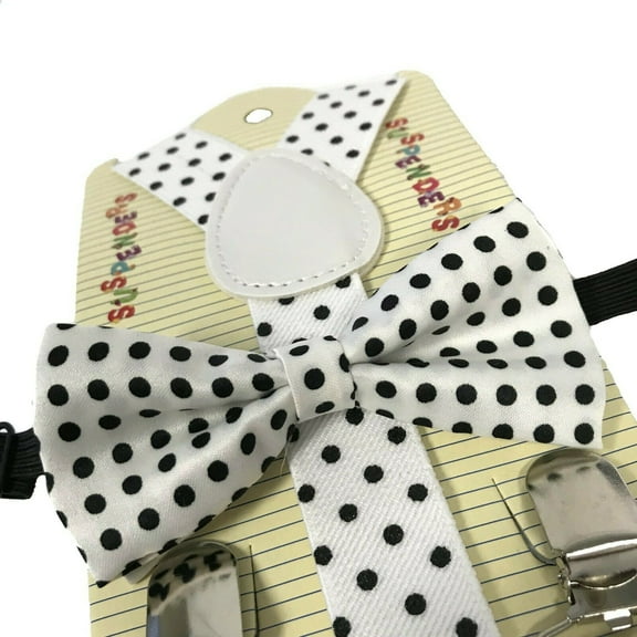 "WHITE & BLACK POLKA DOT" Matching Suspender & Bow-Tie Set Kids Toddler Baby Boys Girls